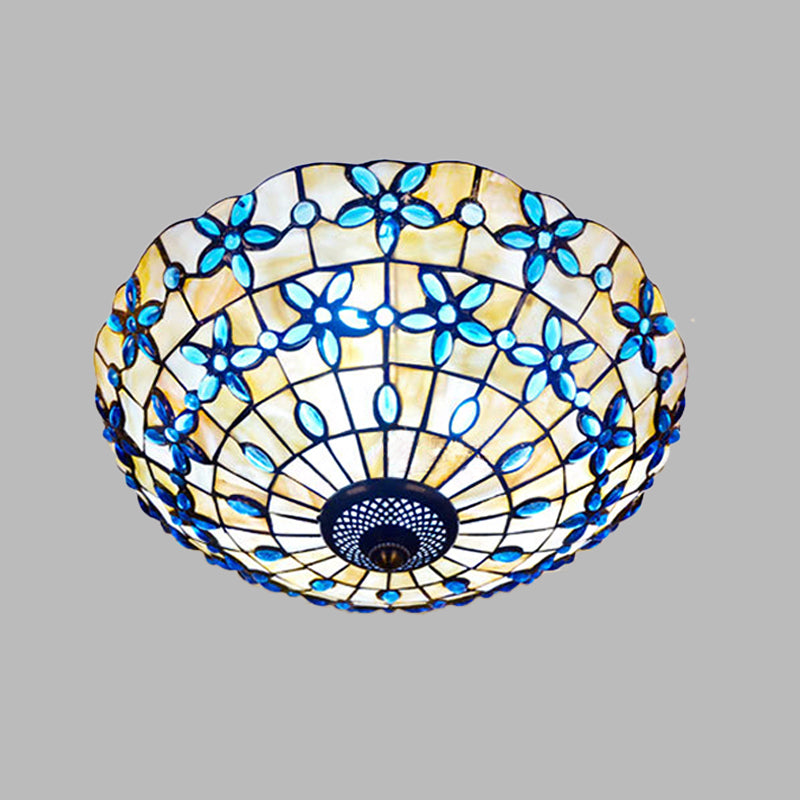 Mediterranean Bowl-Shape Flush Light 3/4 Heads Shell Ceiling Mounted Lamp in Blue, 16"/21" Width Clearhalo 'Ceiling Lights' 'Close To Ceiling Lights' 'Close to ceiling' 'Flush mount' Lighting' 916463