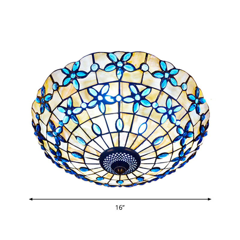 Mediterranean Bowl-Shape Flush Light 3/4 Heads Shell Ceiling Mounted Lamp in Blue, 16"/21" Width Clearhalo 'Ceiling Lights' 'Close To Ceiling Lights' 'Close to ceiling' 'Flush mount' Lighting' 916464