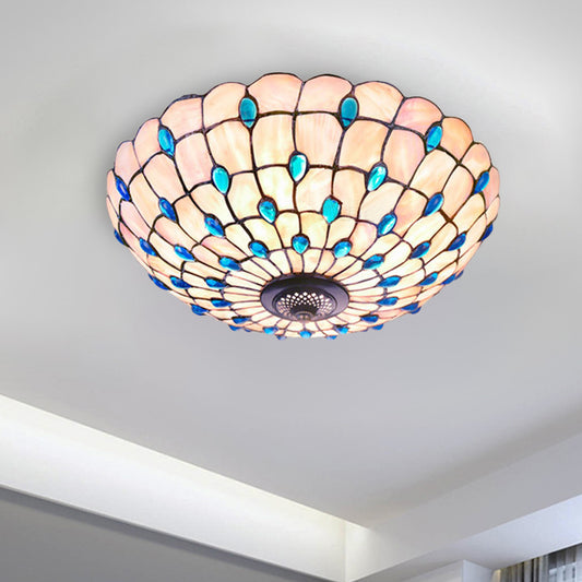 Shell Blue Flush Ceiling Light Jeweled Bowl 3/4 Bulbs 16"/21" Wide Tiffany Flushmount Lighting Blue 21" Clearhalo 'Ceiling Lights' 'Close To Ceiling Lights' 'Close to ceiling' 'Flush mount' Lighting' 916465