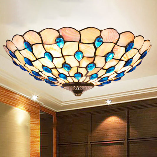 Shell Blue Flush Ceiling Light Jeweled Bowl 3/4 Bulbs 16"/21" Wide Tiffany Flushmount Lighting Blue 16" Clearhalo 'Ceiling Lights' 'Close To Ceiling Lights' 'Close to ceiling' 'Flush mount' Lighting' 916469