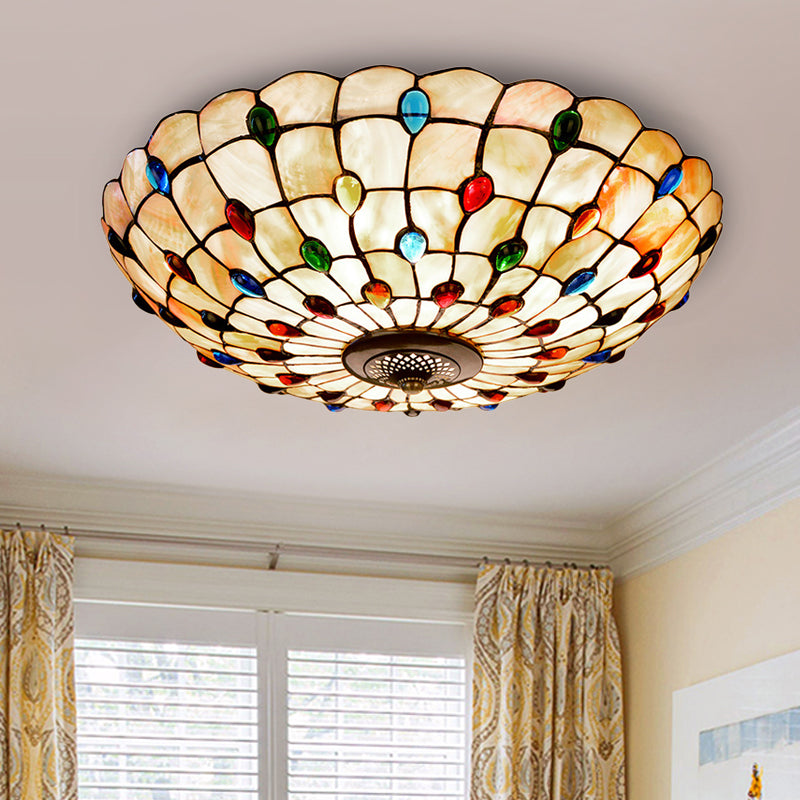 3/4-Light Cabochons-Embellished Flushmount Tiffany Beige Shell Flush Mount Ceiling Light for Living Room, 16"/21" Wide Beige 21" Clearhalo 'Ceiling Lights' 'Close To Ceiling Lights' 'Close to ceiling' 'Flush mount' Lighting' 916474