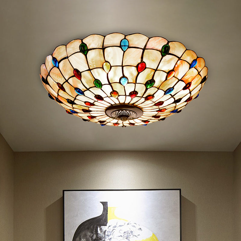 3/4-Light Cabochons-Embellished Flushmount Tiffany Beige Shell Flush Mount Ceiling Light for Living Room, 16"/21" Wide Clearhalo 'Ceiling Lights' 'Close To Ceiling Lights' 'Close to ceiling' 'Flush mount' Lighting' 916475