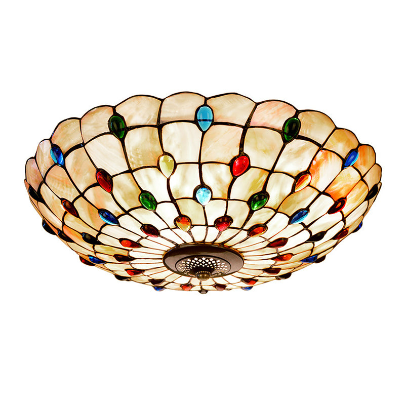 3/4-Light Cabochons-Embellished Flushmount Tiffany Beige Shell Flush Mount Ceiling Light for Living Room, 16"/21" Wide Clearhalo 'Ceiling Lights' 'Close To Ceiling Lights' 'Close to ceiling' 'Flush mount' Lighting' 916476