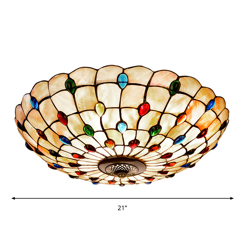 3/4-Light Cabochons-Embellished Flushmount Tiffany Beige Shell Flush Mount Ceiling Light for Living Room, 16"/21" Wide Clearhalo 'Ceiling Lights' 'Close To Ceiling Lights' 'Close to ceiling' 'Flush mount' Lighting' 916477