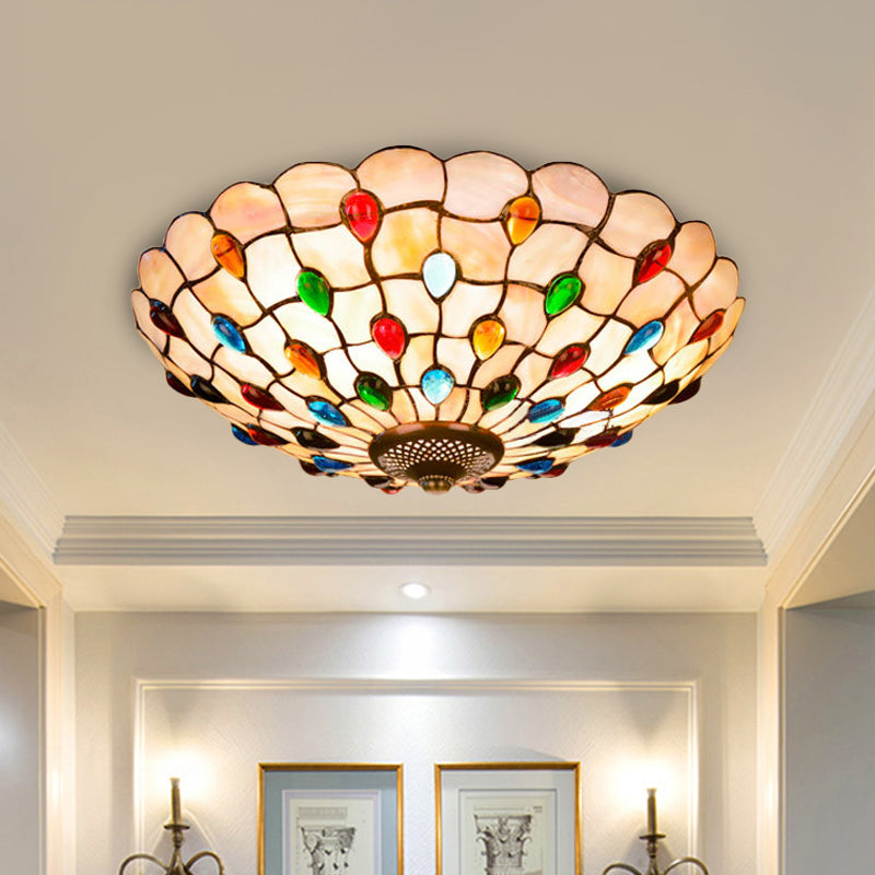 3/4-Light Cabochons-Embellished Flushmount Tiffany Beige Shell Flush Mount Ceiling Light for Living Room, 16"/21" Wide Beige 16" Clearhalo 'Ceiling Lights' 'Close To Ceiling Lights' 'Close to ceiling' 'Flush mount' Lighting' 916478