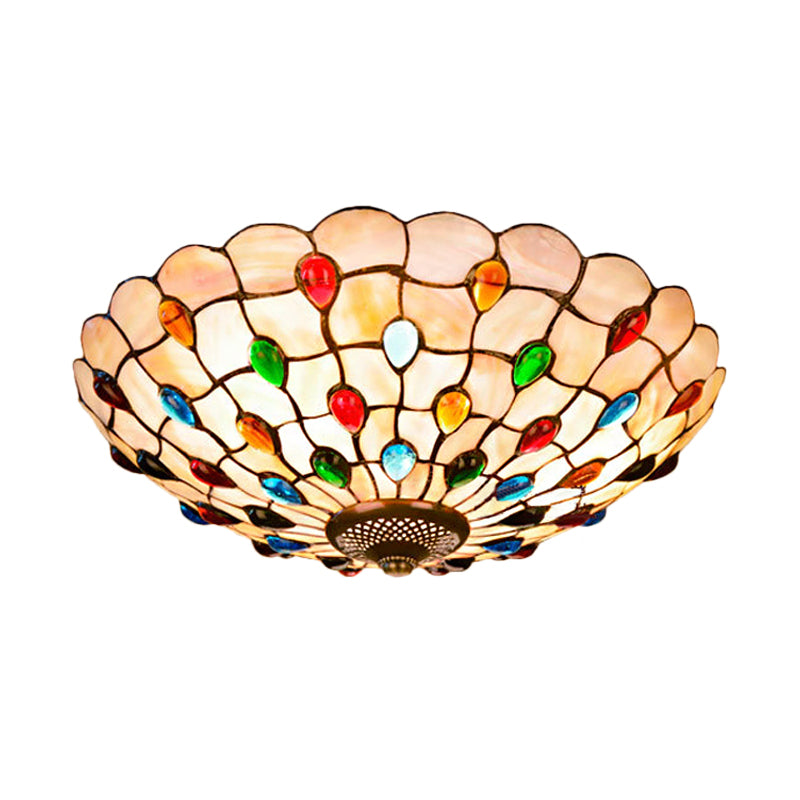 3/4-Light Cabochons-Embellished Flushmount Tiffany Beige Shell Flush Mount Ceiling Light for Living Room, 16"/21" Wide Clearhalo 'Ceiling Lights' 'Close To Ceiling Lights' 'Close to ceiling' 'Flush mount' Lighting' 916480