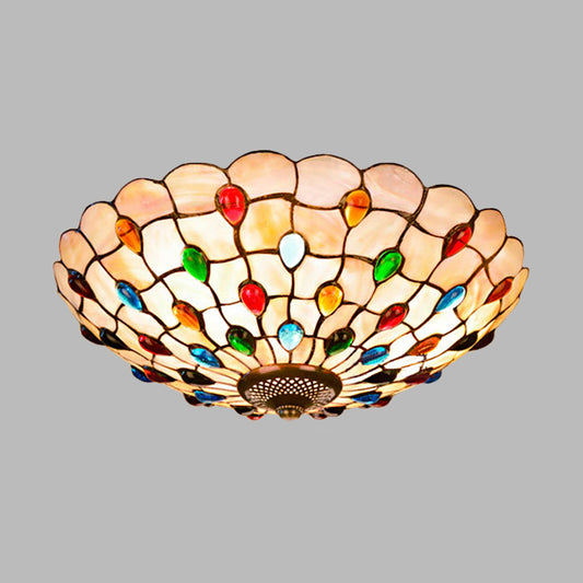 3/4-Light Cabochons-Embellished Flushmount Tiffany Beige Shell Flush Mount Ceiling Light for Living Room, 16"/21" Wide Clearhalo 'Ceiling Lights' 'Close To Ceiling Lights' 'Close to ceiling' 'Flush mount' Lighting' 916481