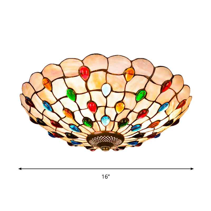 3/4-Light Cabochons-Embellished Flushmount Tiffany Beige Shell Flush Mount Ceiling Light for Living Room, 16"/21" Wide Clearhalo 'Ceiling Lights' 'Close To Ceiling Lights' 'Close to ceiling' 'Flush mount' Lighting' 916482