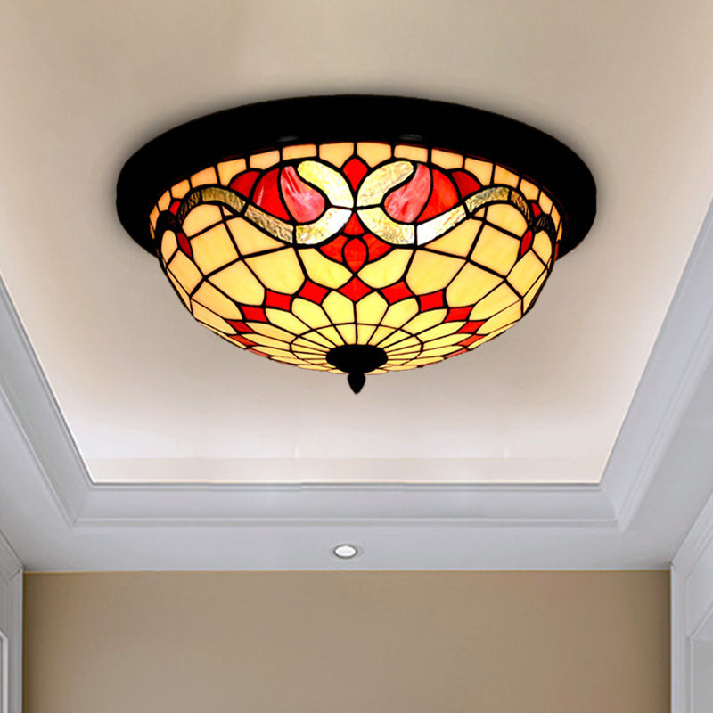 Stained Glass Black Flushmount Bowl Shaped Baroque Style LED Ceiling Lighting for Bedroom Clearhalo 'Ceiling Lights' 'Close To Ceiling Lights' 'Close to ceiling' 'Flush mount' Lighting' 916496