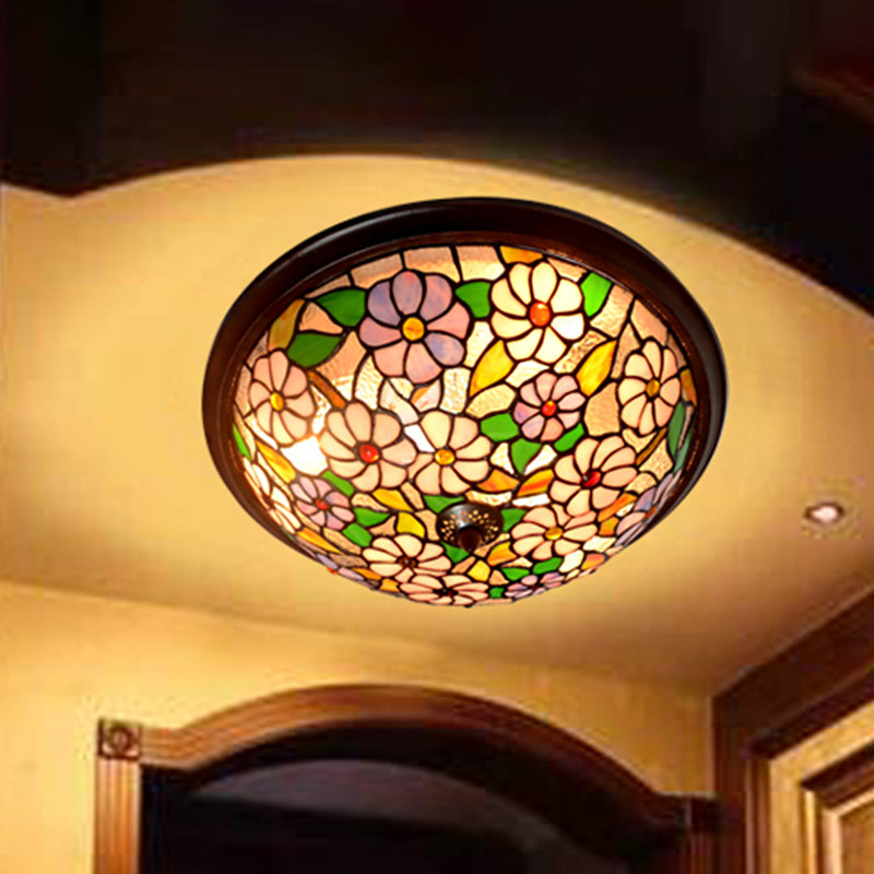 Blooming Stained Glass Ceiling Light Victorian Style Coffee LED Flush-Mount Light Fixture Coffee Clearhalo 'Ceiling Lights' 'Close To Ceiling Lights' 'Close to ceiling' 'Flush mount' Lighting' 916503