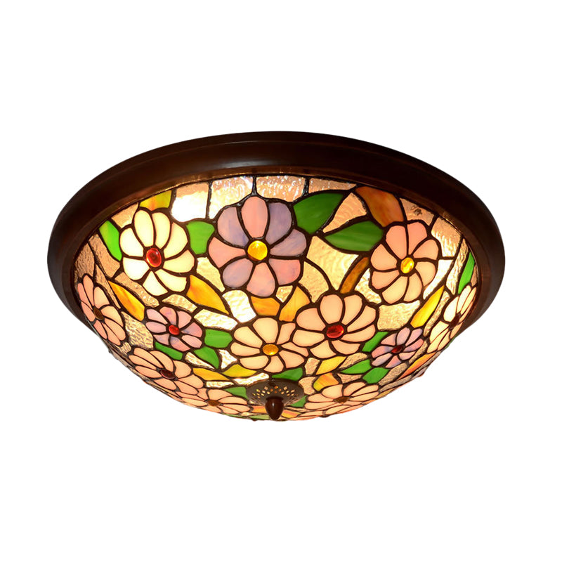 Blooming Stained Glass Ceiling Light Victorian Style Coffee LED Flush-Mount Light Fixture Clearhalo 'Ceiling Lights' 'Close To Ceiling Lights' 'Close to ceiling' 'Flush mount' Lighting' 916504