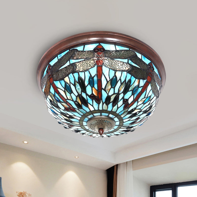 Blue/Red Dome Flush Mount Light Tiffany Stained Glass LED Close to Ceiling Lamp with Dragonfly Pattern Blue Clearhalo 'Ceiling Lights' 'Close To Ceiling Lights' 'Close to ceiling' 'Flush mount' Lighting' 916507