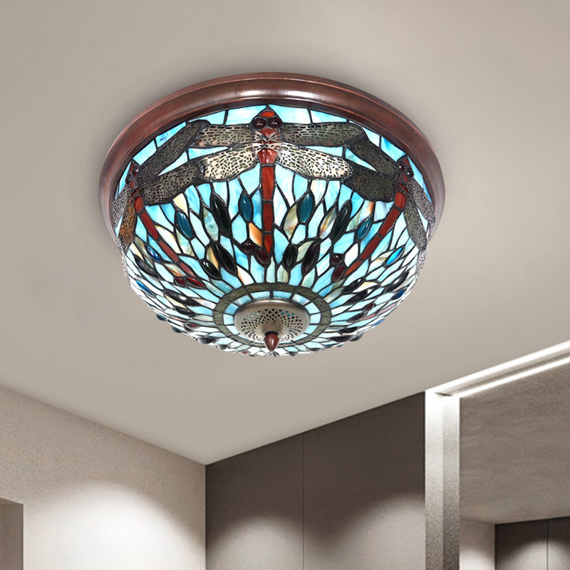 Blue/Red Dome Flush Mount Light Tiffany Stained Glass LED Close to Ceiling Lamp with Dragonfly Pattern Clearhalo 'Ceiling Lights' 'Close To Ceiling Lights' 'Close to ceiling' 'Flush mount' Lighting' 916508