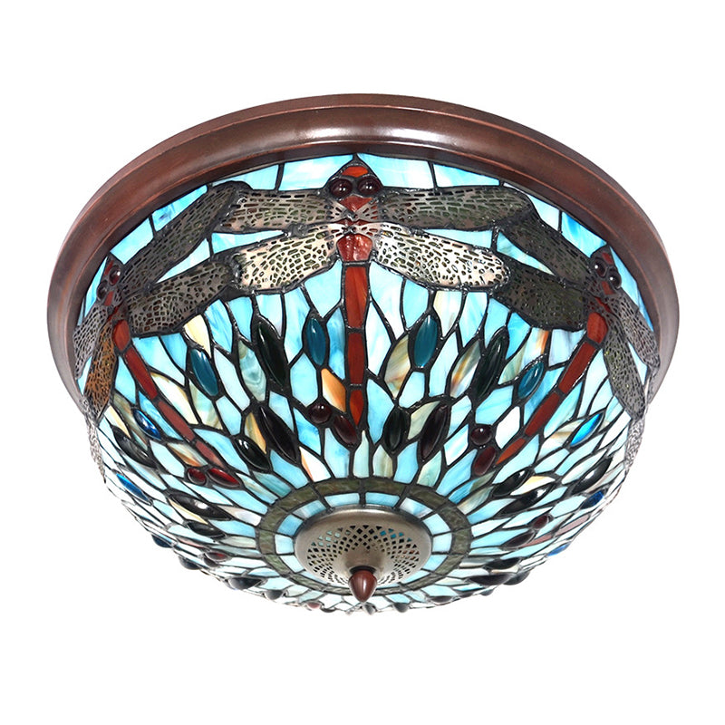 Blue/Red Dome Flush Mount Light Tiffany Stained Glass LED Close to Ceiling Lamp with Dragonfly Pattern Clearhalo 'Ceiling Lights' 'Close To Ceiling Lights' 'Close to ceiling' 'Flush mount' Lighting' 916509