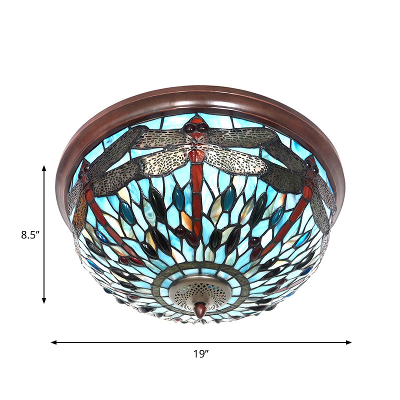 Blue/Red Dome Flush Mount Light Tiffany Stained Glass LED Close to Ceiling Lamp with Dragonfly Pattern Clearhalo 'Ceiling Lights' 'Close To Ceiling Lights' 'Close to ceiling' 'Flush mount' Lighting' 916510