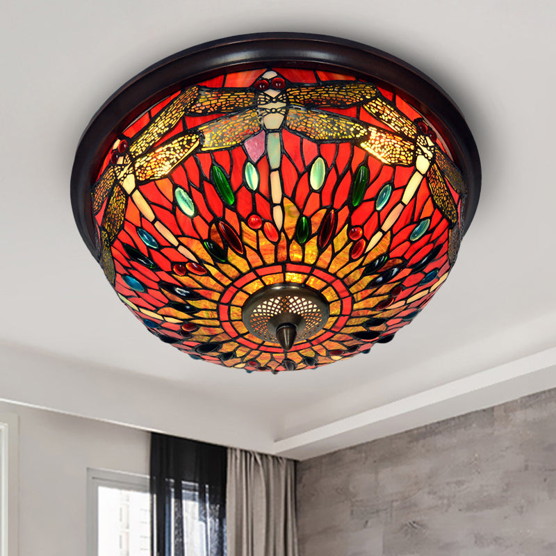 Blue/Red Dome Flush Mount Light Tiffany Stained Glass LED Close to Ceiling Lamp with Dragonfly Pattern Red Clearhalo 'Ceiling Lights' 'Close To Ceiling Lights' 'Close to ceiling' 'Flush mount' Lighting' 916511