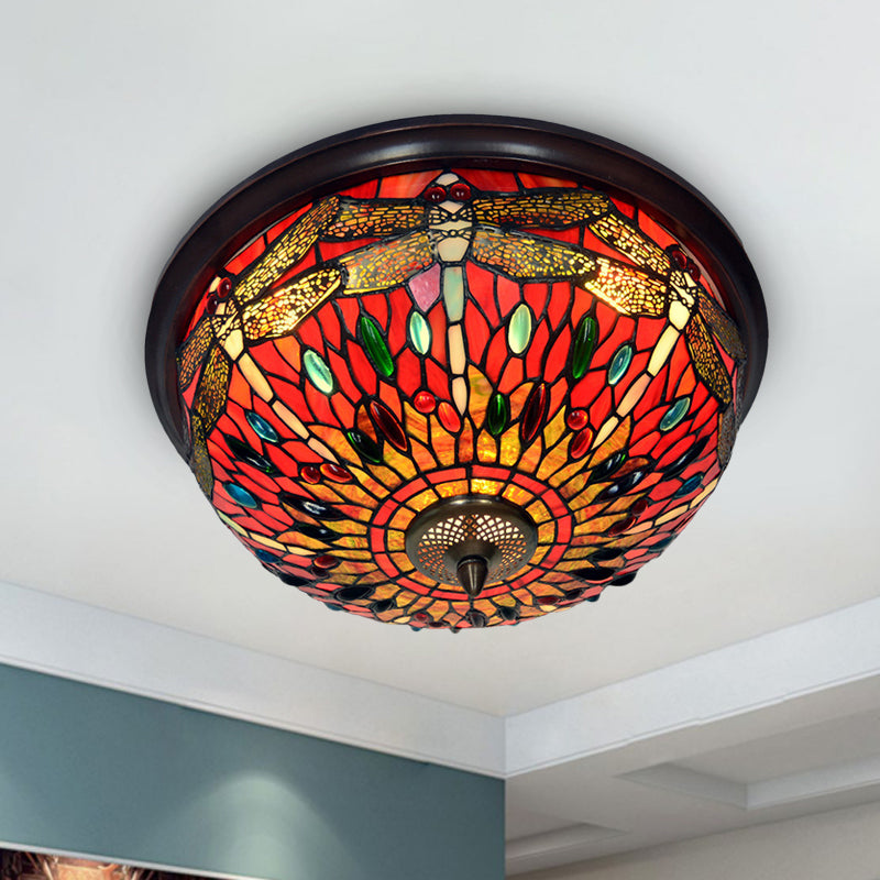 Blue/Red Dome Flush Mount Light Tiffany Stained Glass LED Close to Ceiling Lamp with Dragonfly Pattern Clearhalo 'Ceiling Lights' 'Close To Ceiling Lights' 'Close to ceiling' 'Flush mount' Lighting' 916512