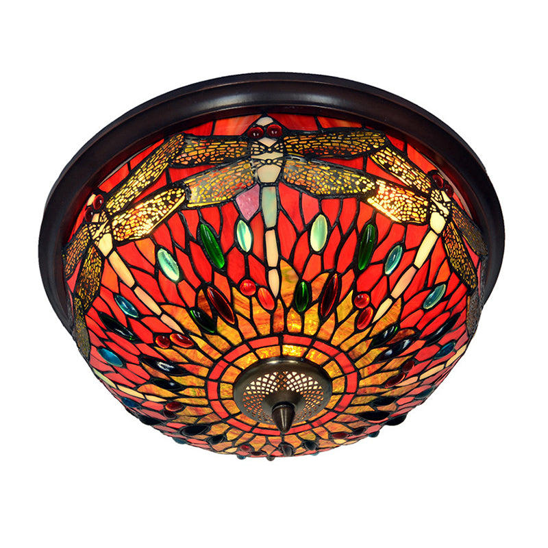 Blue/Red Dome Flush Mount Light Tiffany Stained Glass LED Close to Ceiling Lamp with Dragonfly Pattern Clearhalo 'Ceiling Lights' 'Close To Ceiling Lights' 'Close to ceiling' 'Flush mount' Lighting' 916513