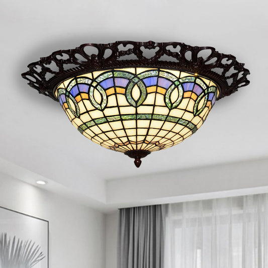 Grid Bowl Shaped LED Ceiling Lamp Baroque Bronze Stained Glass Flush Mount Lighting Brown Clearhalo 'Ceiling Lights' 'Close To Ceiling Lights' 'Close to ceiling' 'Flush mount' Lighting' 916516