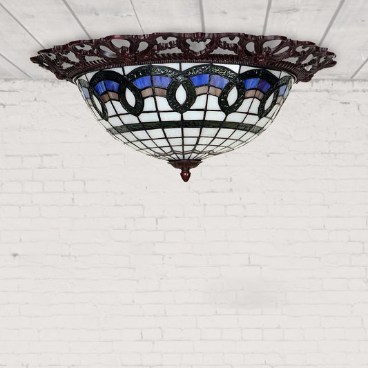 Grid Bowl Shaped LED Ceiling Lamp Baroque Bronze Stained Glass Flush Mount Lighting Clearhalo 'Ceiling Lights' 'Close To Ceiling Lights' 'Close to ceiling' 'Flush mount' Lighting' 916517