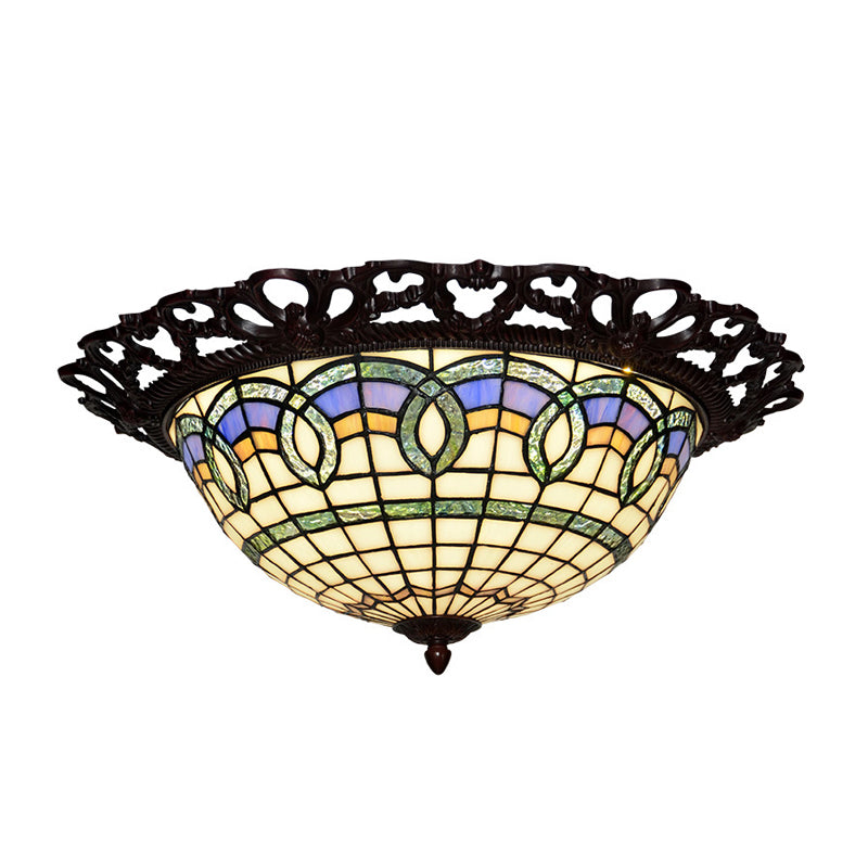 Grid Bowl Shaped LED Ceiling Lamp Baroque Bronze Stained Glass Flush Mount Lighting Clearhalo 'Ceiling Lights' 'Close To Ceiling Lights' 'Close to ceiling' 'Flush mount' Lighting' 916518