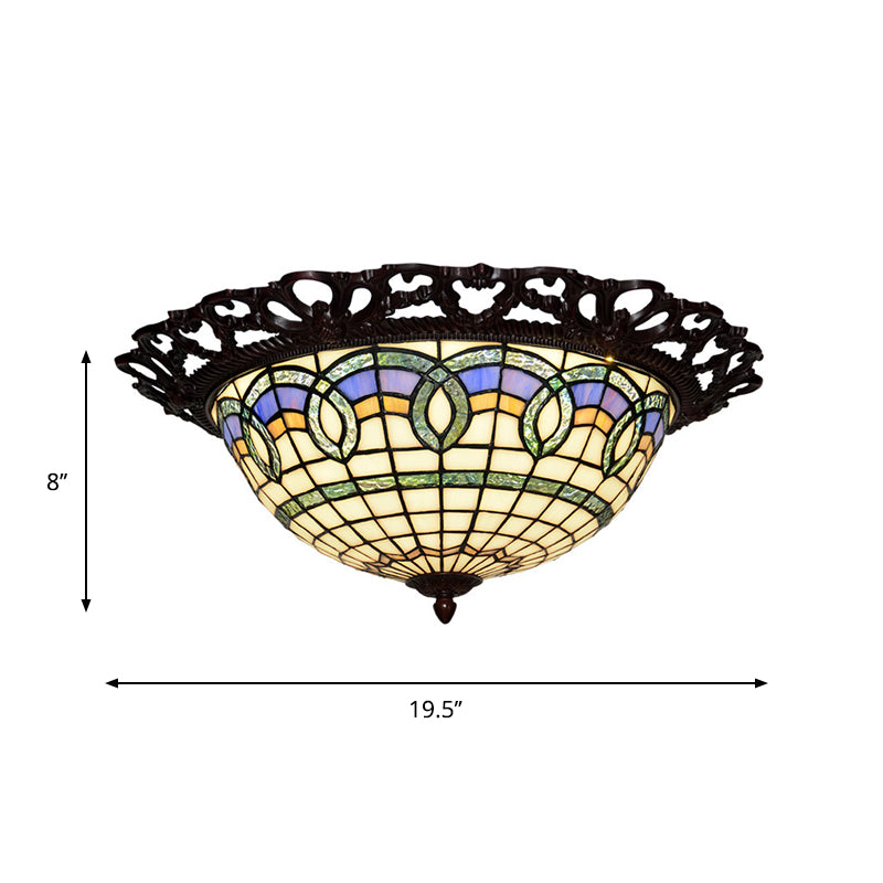 Grid Bowl Shaped LED Ceiling Lamp Baroque Bronze Stained Glass Flush Mount Lighting Clearhalo 'Ceiling Lights' 'Close To Ceiling Lights' 'Close to ceiling' 'Flush mount' Lighting' 916519