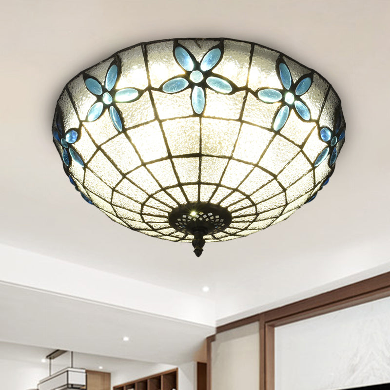 Cut Glass Clear/Textured White Flushmount Gridded Hemisphere 3 Heads Baroque Flush Ceiling Light Sky Blue-White Clearhalo 'Ceiling Lights' 'Close To Ceiling Lights' 'Close to ceiling' 'Flush mount' Lighting' 916529