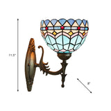 1-Light Bedroom Wall Sconce Mediterranean Bronze Wall Light Fixture with Bowl Blue Glass Shade Clearhalo 'Art deco wall lights' 'Cast Iron' 'Glass' 'Industrial' 'Middle century wall lights' 'Modern' 'Tiffany wall lights' 'Tiffany' 'Traditional wall lights' 'Wall Lamps & Sconces' 'Wall Lights' Lighting' 916689