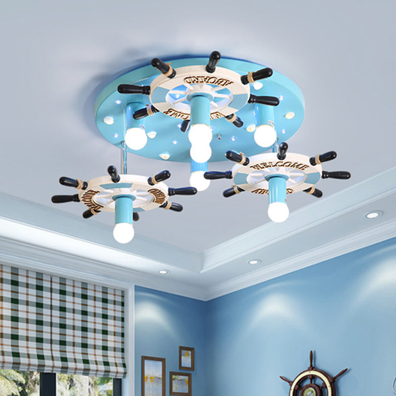 Wood Rudder Semi Flush Mount Lighting Mediterranean Style 7 Bulbs Blue Flush Lamp Fixture Blue Clearhalo 'Ceiling Lights' 'Close To Ceiling Lights' 'Close to ceiling' 'Semi-flushmount' Lighting' 916751