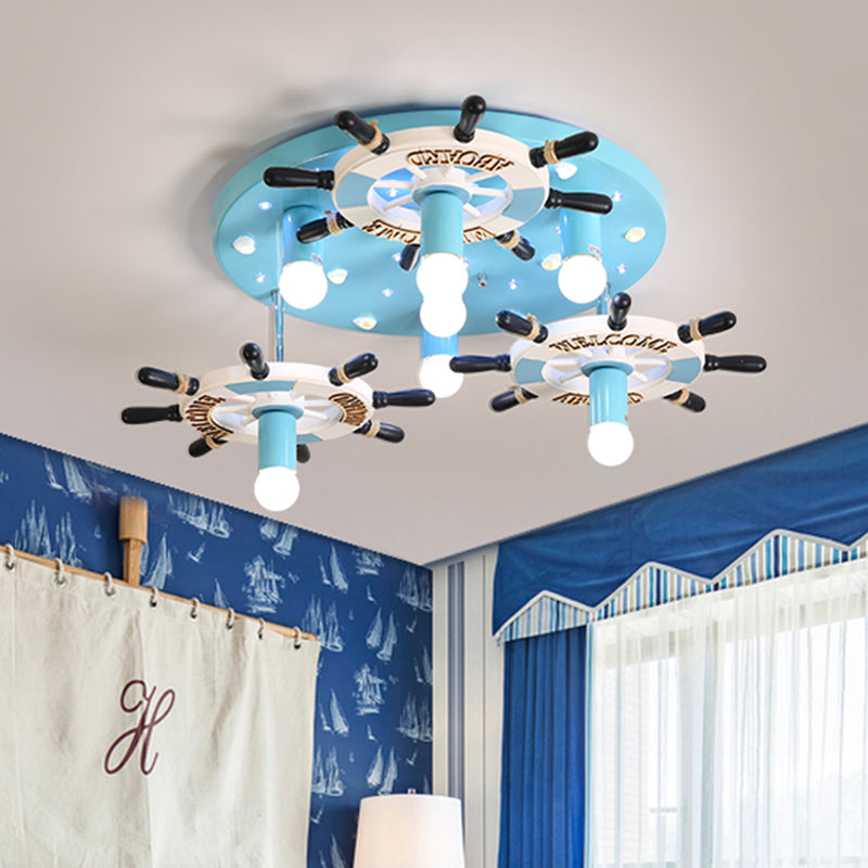 Wood Rudder Semi Flush Mount Lighting Mediterranean Style 7 Bulbs Blue Flush Lamp Fixture Clearhalo 'Ceiling Lights' 'Close To Ceiling Lights' 'Close to ceiling' 'Semi-flushmount' Lighting' 916752