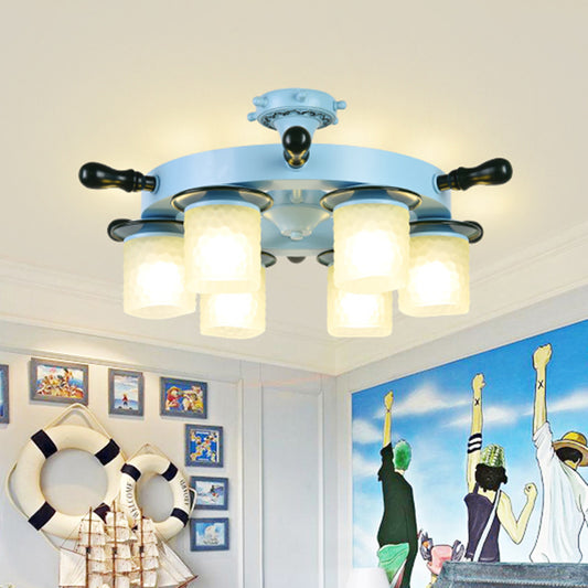 6 Heads Kids Room Semi Mount Lighting Cartoon Blue Rudder Flush Ceiling Lamp with Cylinder Opal Glass Shade Blue Clearhalo 'Ceiling Lights' 'Close To Ceiling Lights' 'Close to ceiling' 'Glass shade' 'Glass' 'Semi-flushmount' Lighting' 916755