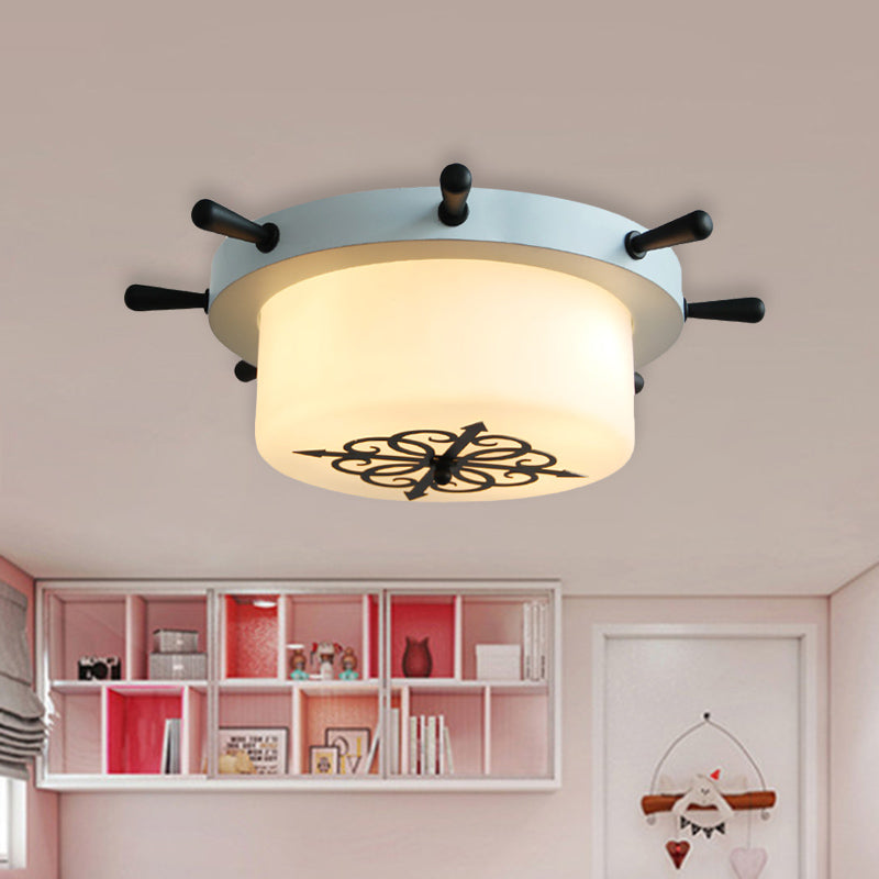 Drum Opal Glass Flush Mount Fixture Cartoon 3 Bulbs White/Light Blue/Blackish Green Flushmount Lighting with Rudder Canopy Light Blue Clearhalo 'Ceiling Lights' 'Close To Ceiling Lights' 'Close to ceiling' 'Flush mount' Lighting' 916759