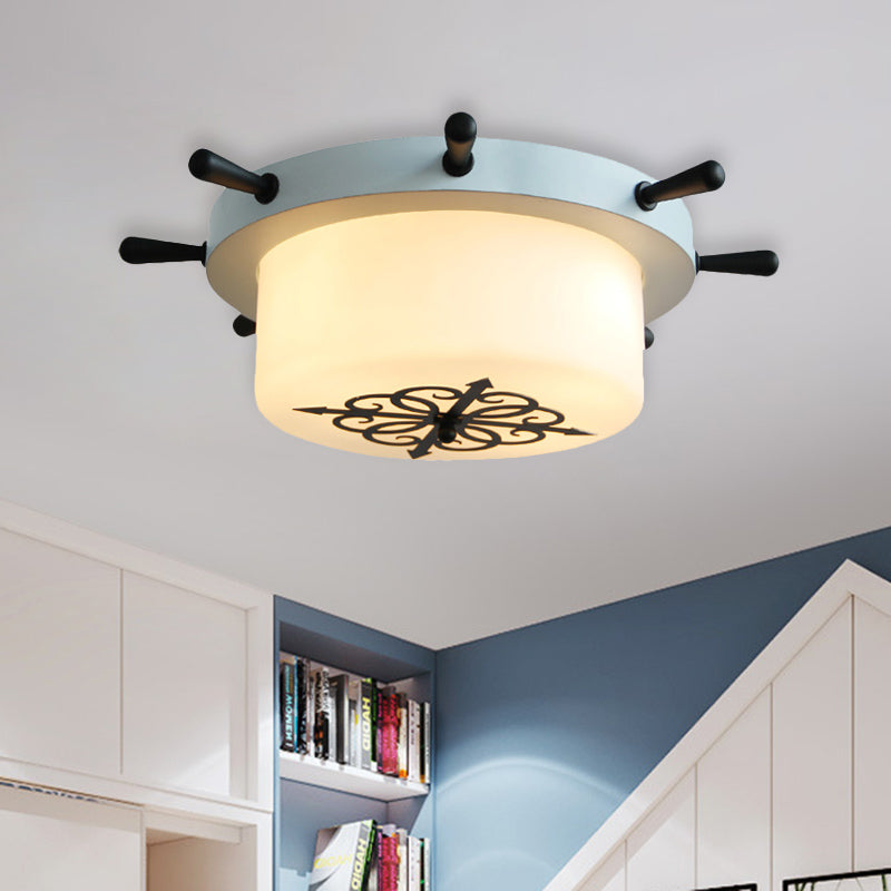 Drum Opal Glass Flush Mount Fixture Cartoon 3 Bulbs White/Light Blue/Blackish Green Flushmount Lighting with Rudder Canopy Clearhalo 'Ceiling Lights' 'Close To Ceiling Lights' 'Close to ceiling' 'Flush mount' Lighting' 916760