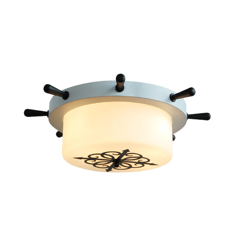 Drum Opal Glass Flush Mount Fixture Cartoon 3 Bulbs White/Light Blue/Blackish Green Flushmount Lighting with Rudder Canopy Clearhalo 'Ceiling Lights' 'Close To Ceiling Lights' 'Close to ceiling' 'Flush mount' Lighting' 916761