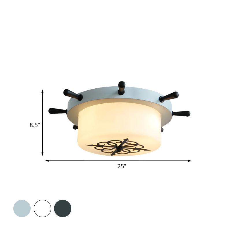 Drum Opal Glass Flush Mount Fixture Cartoon 3 Bulbs White/Light Blue/Blackish Green Flushmount Lighting with Rudder Canopy Clearhalo 'Ceiling Lights' 'Close To Ceiling Lights' 'Close to ceiling' 'Flush mount' Lighting' 916762