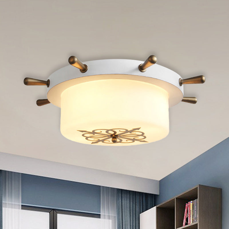 Drum Opal Glass Flush Mount Fixture Cartoon 3 Bulbs White/Light Blue/Blackish Green Flushmount Lighting with Rudder Canopy White Clearhalo 'Ceiling Lights' 'Close To Ceiling Lights' 'Close to ceiling' 'Flush mount' Lighting' 916763