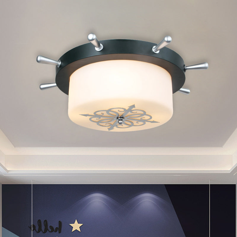 Drum Opal Glass Flush Mount Fixture Cartoon 3 Bulbs White/Light Blue/Blackish Green Flushmount Lighting with Rudder Canopy Clearhalo 'Ceiling Lights' 'Close To Ceiling Lights' 'Close to ceiling' 'Flush mount' Lighting' 916768