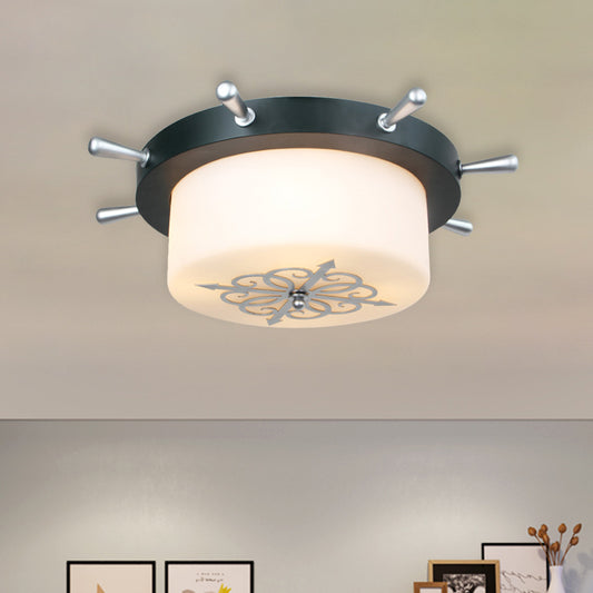 Drum Opal Glass Flush Mount Fixture Cartoon 3 Bulbs White/Light Blue/Blackish Green Flushmount Lighting with Rudder Canopy Clearhalo 'Ceiling Lights' 'Close To Ceiling Lights' 'Close to ceiling' 'Flush mount' Lighting' 916769