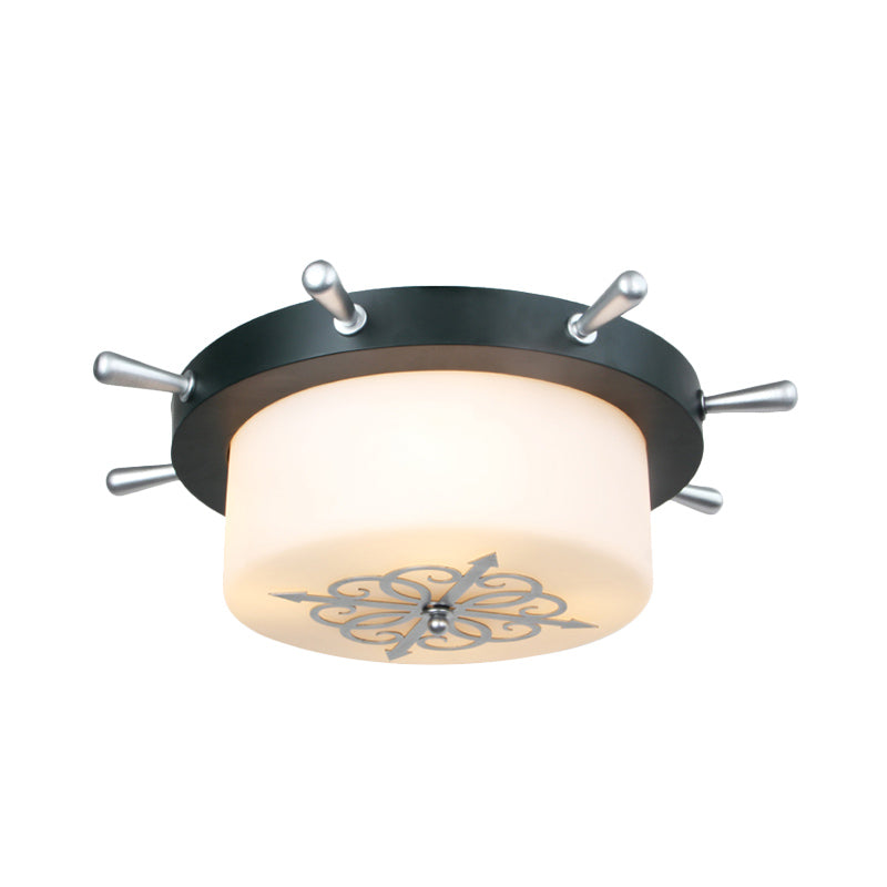 Drum Opal Glass Flush Mount Fixture Cartoon 3 Bulbs White/Light Blue/Blackish Green Flushmount Lighting with Rudder Canopy Clearhalo 'Ceiling Lights' 'Close To Ceiling Lights' 'Close to ceiling' 'Flush mount' Lighting' 916770