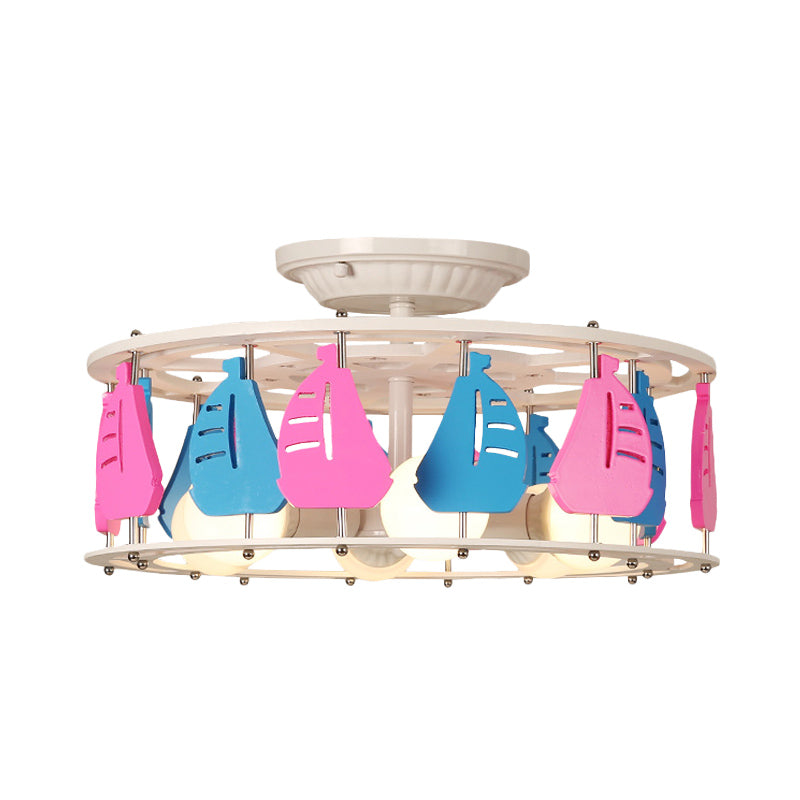 Elephant/Boat/Rudder Semi Flush Lamp with Drum Design Kids Wood 5-Light Pink and Yellow/Pink and Blue Flush Mount Clearhalo 'Ceiling Lights' 'Close To Ceiling Lights' 'Close to ceiling' 'Semi-flushmount' Lighting' 916776