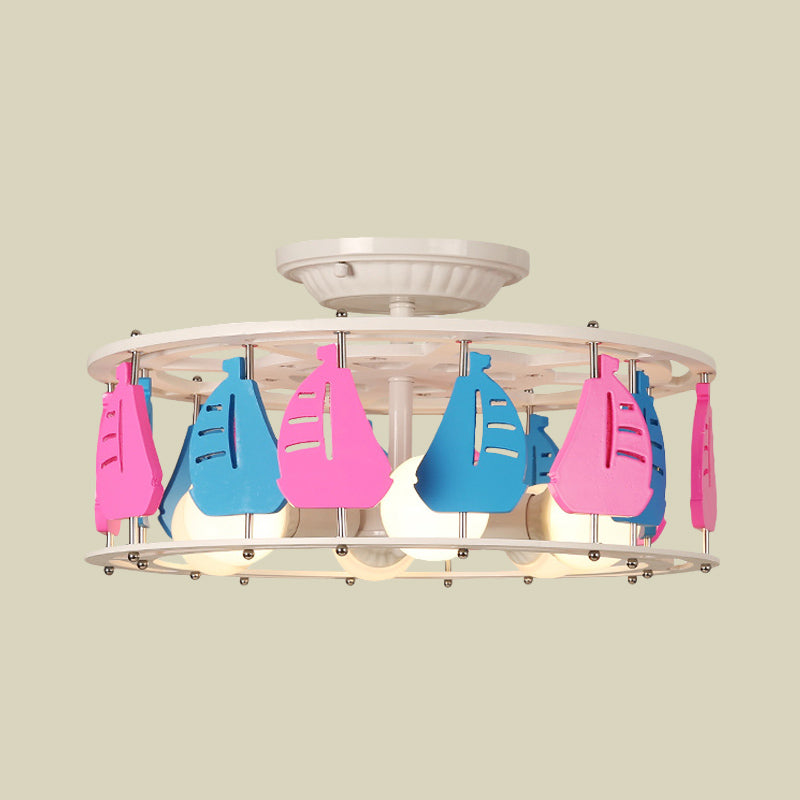 Elephant/Boat/Rudder Semi Flush Lamp with Drum Design Kids Wood 5-Light Pink and Yellow/Pink and Blue Flush Mount Clearhalo 'Ceiling Lights' 'Close To Ceiling Lights' 'Close to ceiling' 'Semi-flushmount' Lighting' 916777