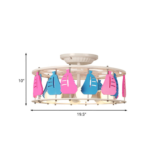 Elephant/Boat/Rudder Semi Flush Lamp with Drum Design Kids Wood 5-Light Pink and Yellow/Pink and Blue Flush Mount Clearhalo 'Ceiling Lights' 'Close To Ceiling Lights' 'Close to ceiling' 'Semi-flushmount' Lighting' 916778