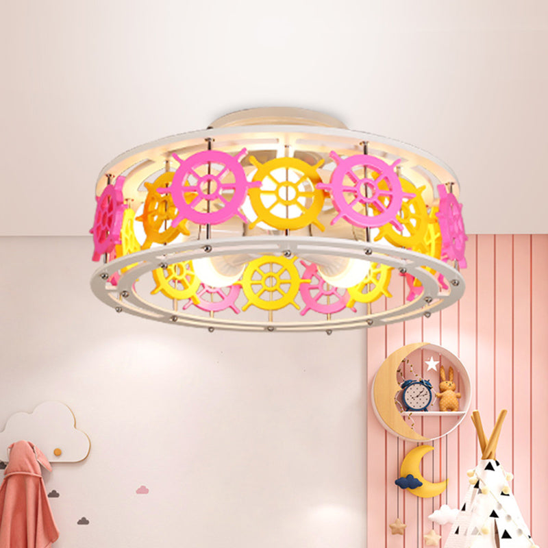 Elephant/Boat/Rudder Semi Flush Lamp with Drum Design Kids Wood 5-Light Pink and Yellow/Pink and Blue Flush Mount Pink Rudder Clearhalo 'Ceiling Lights' 'Close To Ceiling Lights' 'Close to ceiling' 'Semi-flushmount' Lighting' 916779