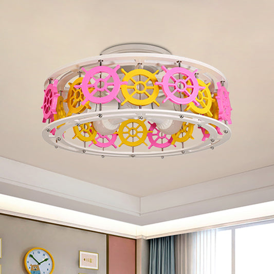 Elephant/Boat/Rudder Semi Flush Lamp with Drum Design Kids Wood 5-Light Pink and Yellow/Pink and Blue Flush Mount Clearhalo 'Ceiling Lights' 'Close To Ceiling Lights' 'Close to ceiling' 'Semi-flushmount' Lighting' 916780