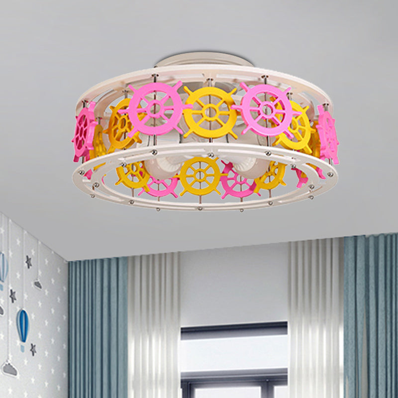 Elephant/Boat/Rudder Semi Flush Lamp with Drum Design Kids Wood 5-Light Pink and Yellow/Pink and Blue Flush Mount Clearhalo 'Ceiling Lights' 'Close To Ceiling Lights' 'Close to ceiling' 'Semi-flushmount' Lighting' 916781