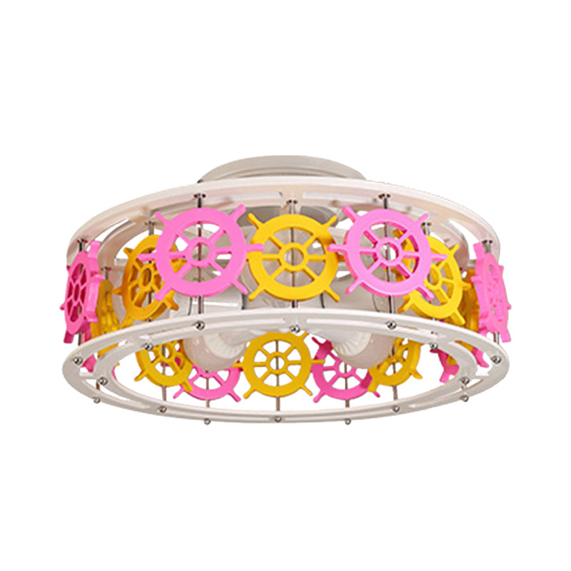 Elephant/Boat/Rudder Semi Flush Lamp with Drum Design Kids Wood 5-Light Pink and Yellow/Pink and Blue Flush Mount Clearhalo 'Ceiling Lights' 'Close To Ceiling Lights' 'Close to ceiling' 'Semi-flushmount' Lighting' 916782