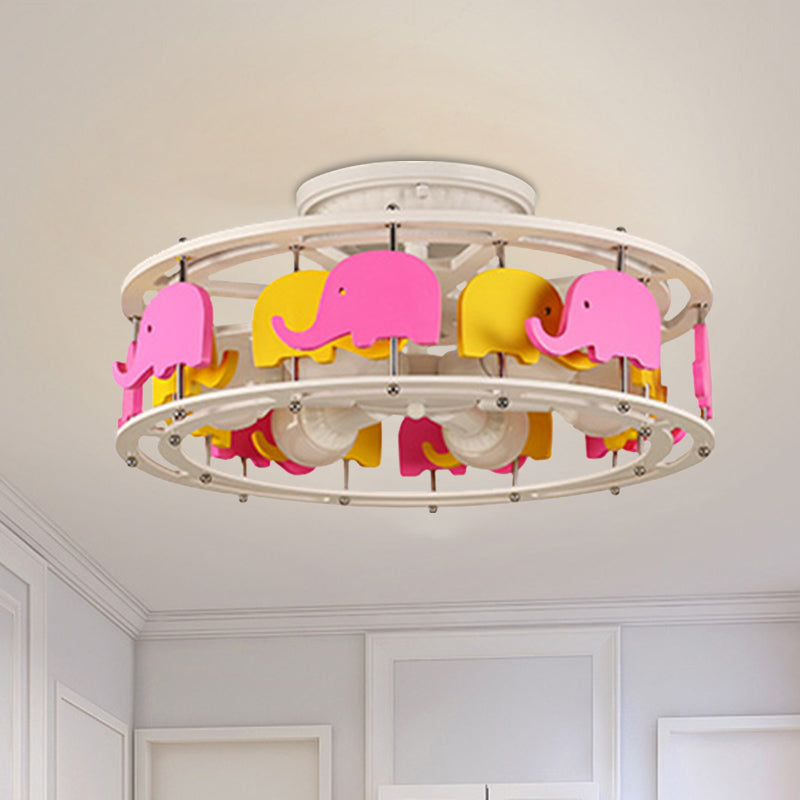 Elephant/Boat/Rudder Semi Flush Lamp with Drum Design Kids Wood 5-Light Pink and Yellow/Pink and Blue Flush Mount Pink Elephant Clearhalo 'Ceiling Lights' 'Close To Ceiling Lights' 'Close to ceiling' 'Semi-flushmount' Lighting' 916784