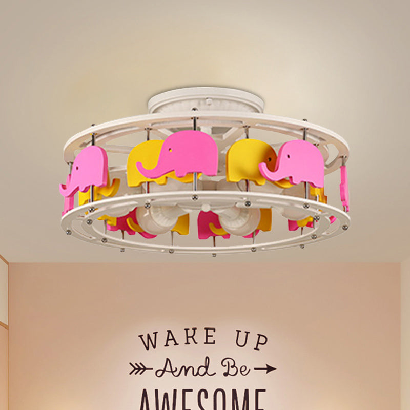 Elephant/Boat/Rudder Semi Flush Lamp with Drum Design Kids Wood 5-Light Pink and Yellow/Pink and Blue Flush Mount Clearhalo 'Ceiling Lights' 'Close To Ceiling Lights' 'Close to ceiling' 'Semi-flushmount' Lighting' 916785