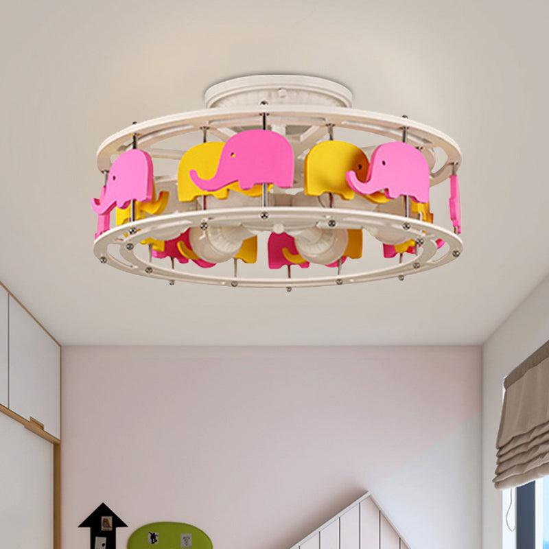 Elephant/Boat/Rudder Semi Flush Lamp with Drum Design Kids Wood 5-Light Pink and Yellow/Pink and Blue Flush Mount Clearhalo 'Ceiling Lights' 'Close To Ceiling Lights' 'Close to ceiling' 'Semi-flushmount' Lighting' 916786