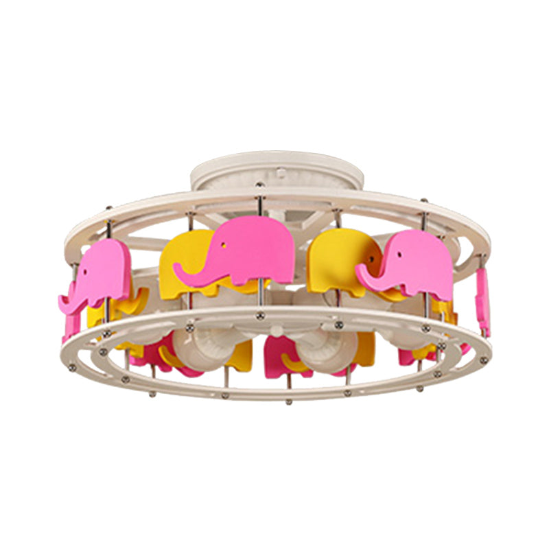 Elephant/Boat/Rudder Semi Flush Lamp with Drum Design Kids Wood 5-Light Pink and Yellow/Pink and Blue Flush Mount Clearhalo 'Ceiling Lights' 'Close To Ceiling Lights' 'Close to ceiling' 'Semi-flushmount' Lighting' 916787